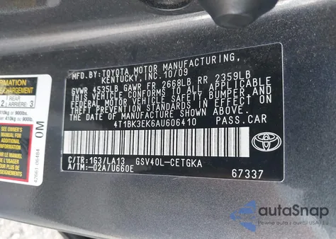 2010 Toyota Camry Xle V6 z USA, uszkodzony, nr VIN 4T1BK3EK6AU606410